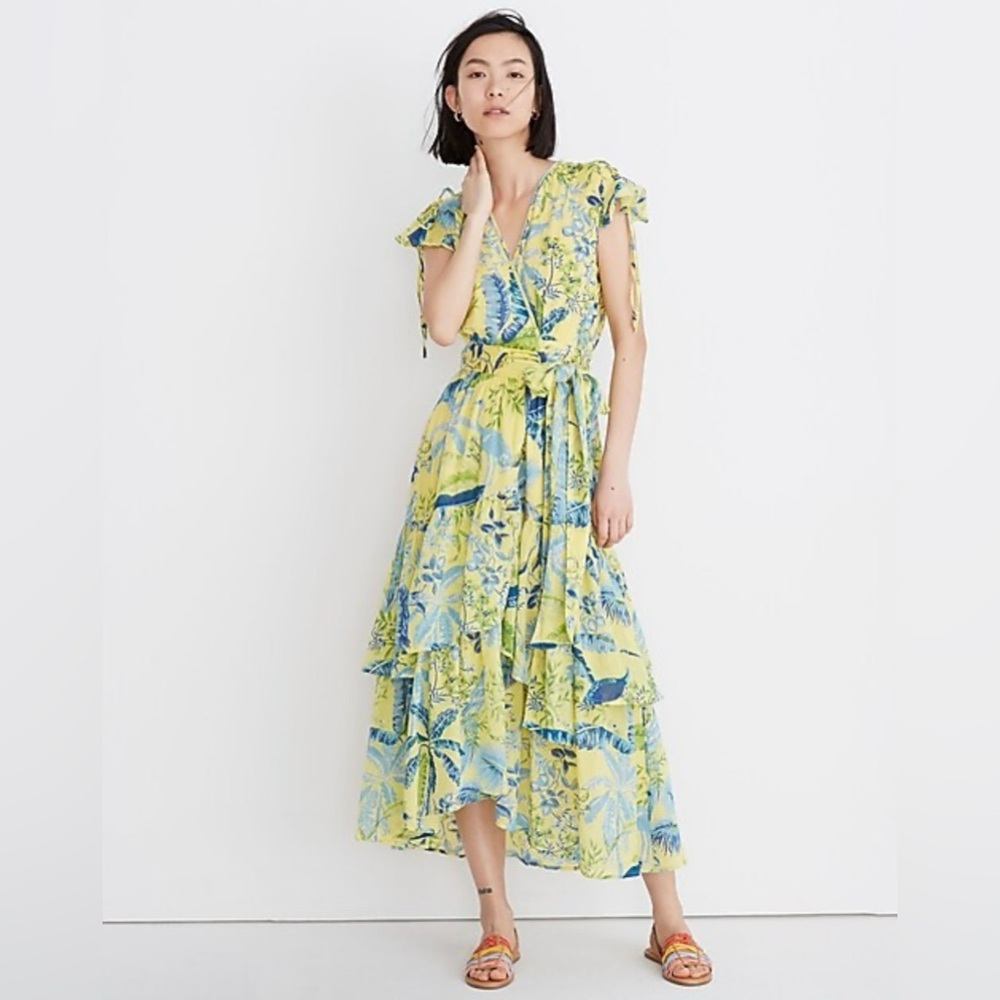 Banjanan Madewell Mercy Midi Dress Wrap Cotton Ruffle Women’s Yellow Tropical XL